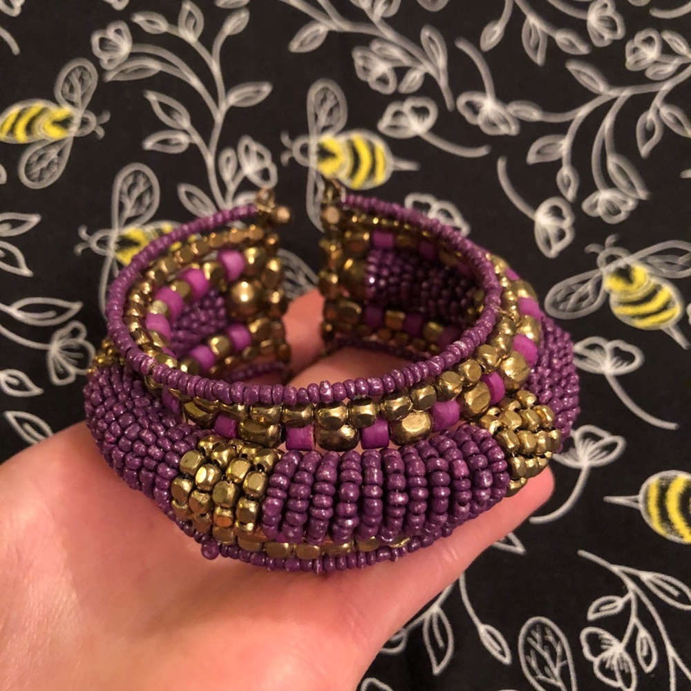 Vintage Native Purple and Gold Tone Beaded Cuff Bracelet